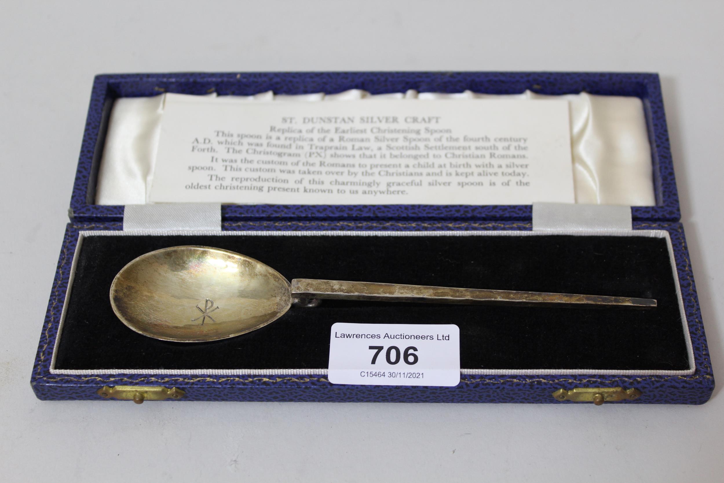 Modern cased silver spoon, replica of the earliest Christening spoon