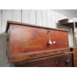 Small 19th Century stained pine trunk with hinged lid, 41ins wide 16ins high x 41ins wide x 20ins