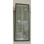 Pair of Chinese silkwork sleeve panels in a single frame, 18ins x 7ins