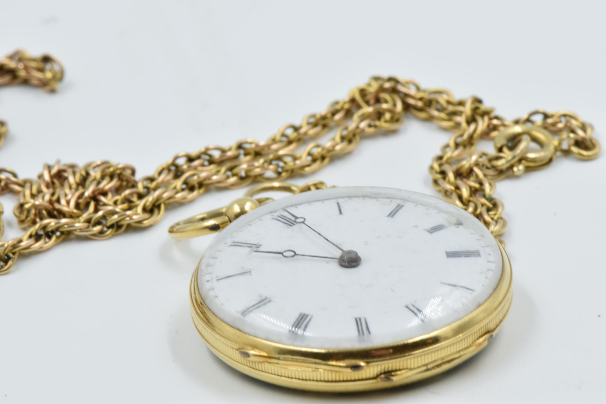 19th Century French gold fob watch, the enamel decorated back set with rose cut diamonds, - Image 3 of 8