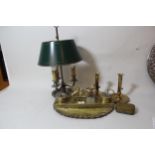 Brass two bottle ink stand, a pewter three light table lamp, travelling inkwell etc.