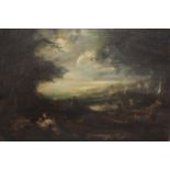 Oil sketch on board, figures in a stormy landscape, 10ins x 13ins, oak framed, together with two