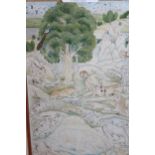 Antique Persian painting on paper, figure with animals in a landscape, red and gold painted