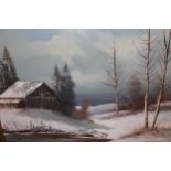 F Schoenfeld, oil on canvas, continental winter landscape, 20ins x 24ins, gilt framed