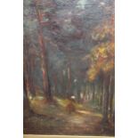 Barbizon School oil on canvas, figure by a woodland path, 18ins x 14ins
