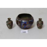 Pair of miniature cloisonne vases, decorated with typical floral stylised design, 2.5ins high,