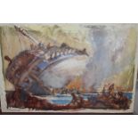 Attributed to Frank Brangwyn, watercolour sketch, figures salvaging a shipwreck, monogrammed and