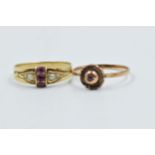 Edwardian 15ct gold ring set amethyst and seed pearls together with another small gold ring Circular