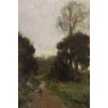 Oil on canvas board, a country lane at sunset, bearing label verso, ' Croxford Lane, Alfred