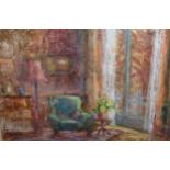 Marika Eversfield signed oil on board, interior scene, exhibition label verso, together with an