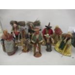Collection of French painted terracotta and fabric costume figures, depicting peasant folk