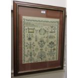 Early 19th Century woolwork pictorial and alphabet sampler, dated 1808, 17.5ins x 14.5ins, housed in
