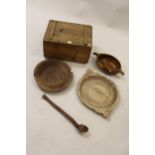 Small stripped pine box, with hinged lid, 19ins wide, together with three various wooden dishes