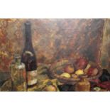 Oil on canvas, still life with fruit and wine bottle, signed Black 45, (Dorrit Black?), 20ins x