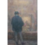 William Mason, oil on board, figure standing at an art gallery, inscribed verso, 9ins x 6ins