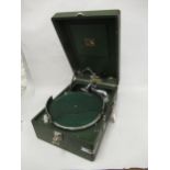 HMV table model wind-up gramophone, retailed by Alfred Hays Ltd. London, in a green rexine case