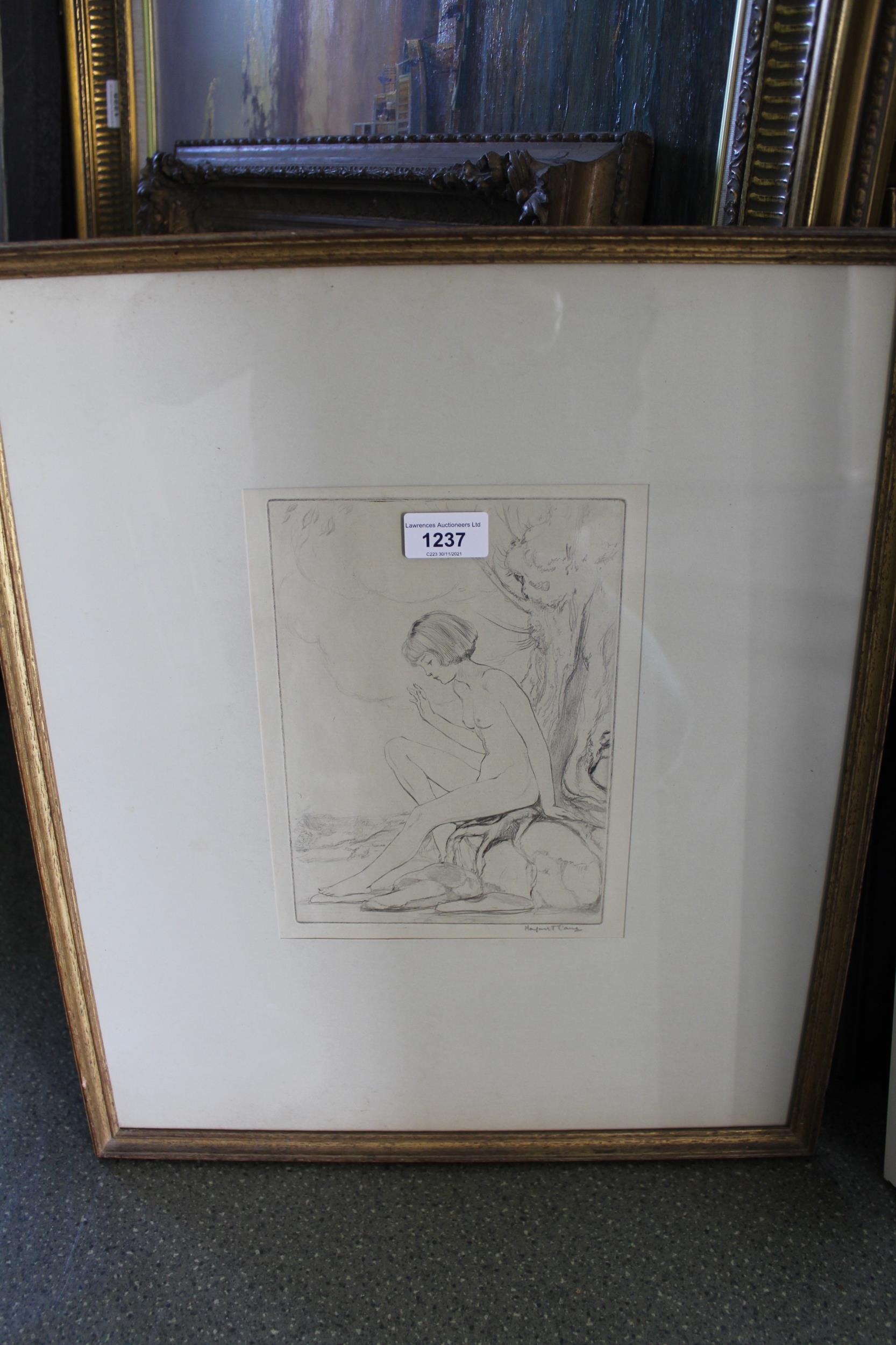 Margaret Cain signed etching, female bather by a rockpool, 9.5ins x 8.5ins - Image 2 of 2