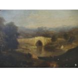 19th Century oil on canvas, landscape with figures and bridge, 14ins x 17ins, together with a 19th