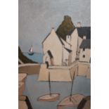 St. Ives School oil on canvas, harbour scene with boats and fishermen's cottages, ebonised framed,