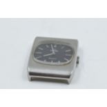 Omega rectangular stainless steel wristwatch, the black dial with silvered batons (minus strap)