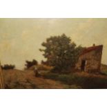 19th Century Continental school oil on panel, figures in a rural landscape, indistinctly signed,