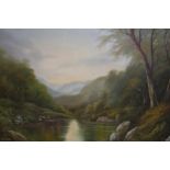 Andrew G. Kurtis, late 20th Century oil on canvas, wooded loch scene with distant mountains, signed,