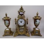 Reproduction French style gilt brass and porcelain three piece clock garniture, the enamel dial with