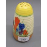 Clarice Cliff sugar caster of oviform ribbed design painted in the Crocus pattern, 5ins high Some