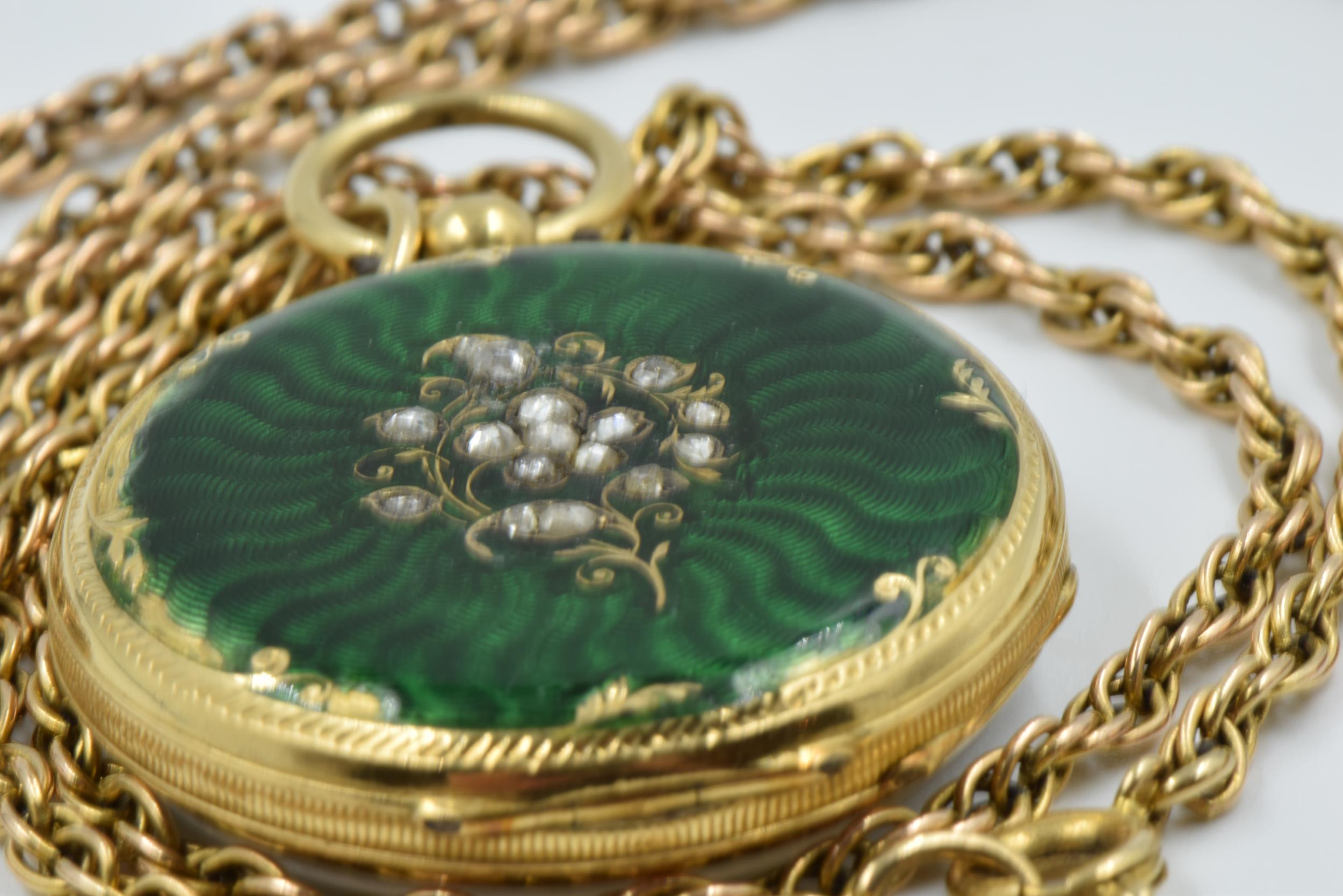 19th Century French gold fob watch, the enamel decorated back set with rose cut diamonds, - Image 4 of 8