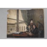 19th Century English school, watercolour and gouache, Victorian family around a table by a window,