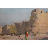 Russian oil on card, figures by a walled town, signed and inscribed verso, 13.5ins x 19ins