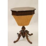 19th Century rosewood octagonal trumpet form work table, the hinged lid enclosing a fitted