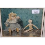 Edith Sprague, watercolour, still life, study of two dolls, signed and framed, 6.5ins x 8.5ins