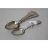 Two London silver Fiddle pattern tablespoons, a pair of Fiddle pattern dessert spoons and an Old