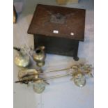 Oxidised copper sarcophagus shaped coal box with hinged lid and paw feet, set of three brass fire