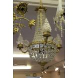 20th Century gilt brass and glass three branch trumpet form chandelier, approximately 22ins high