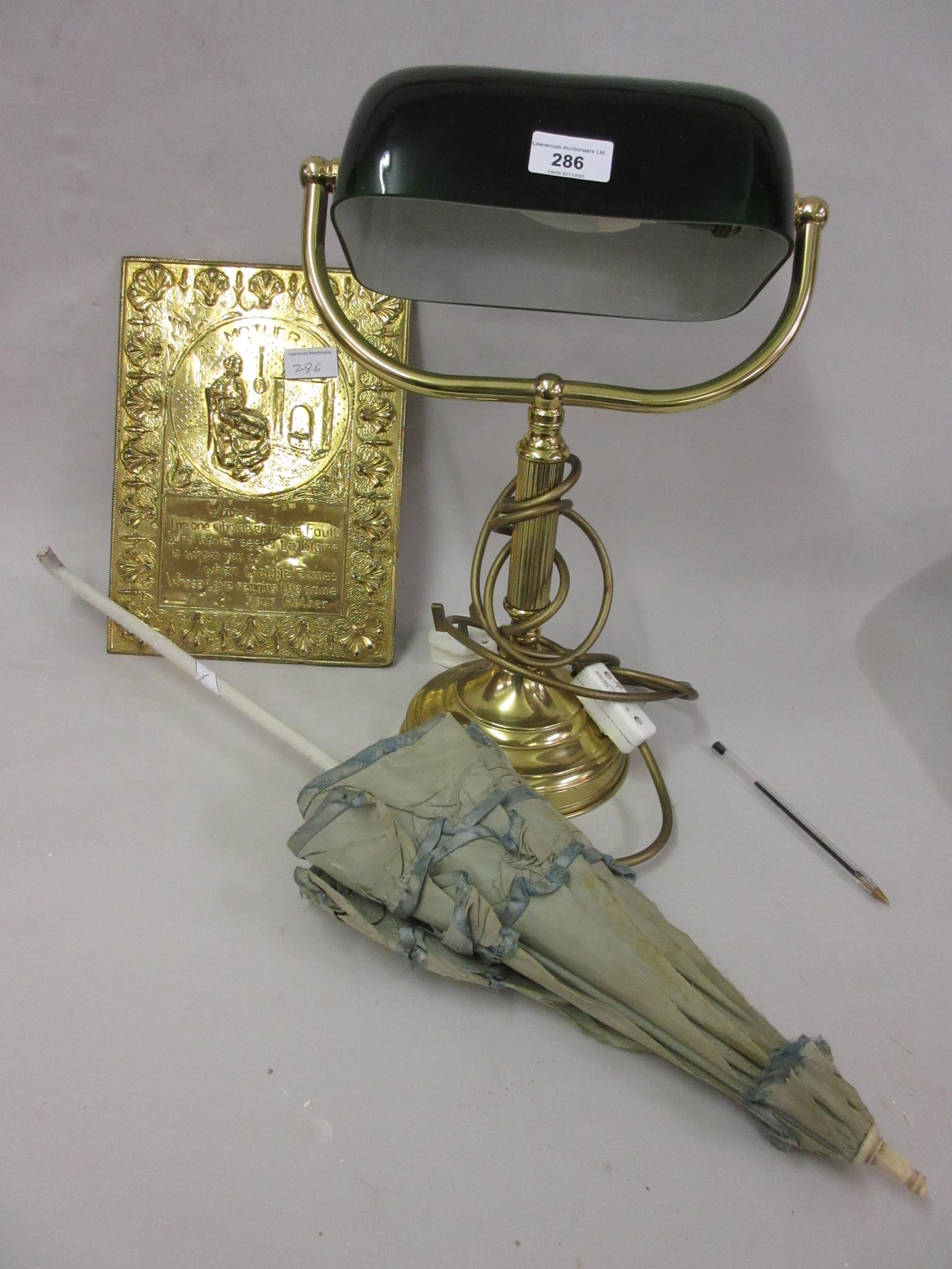 Reproduction brass desk lamp, silk parasol and a brass plaque