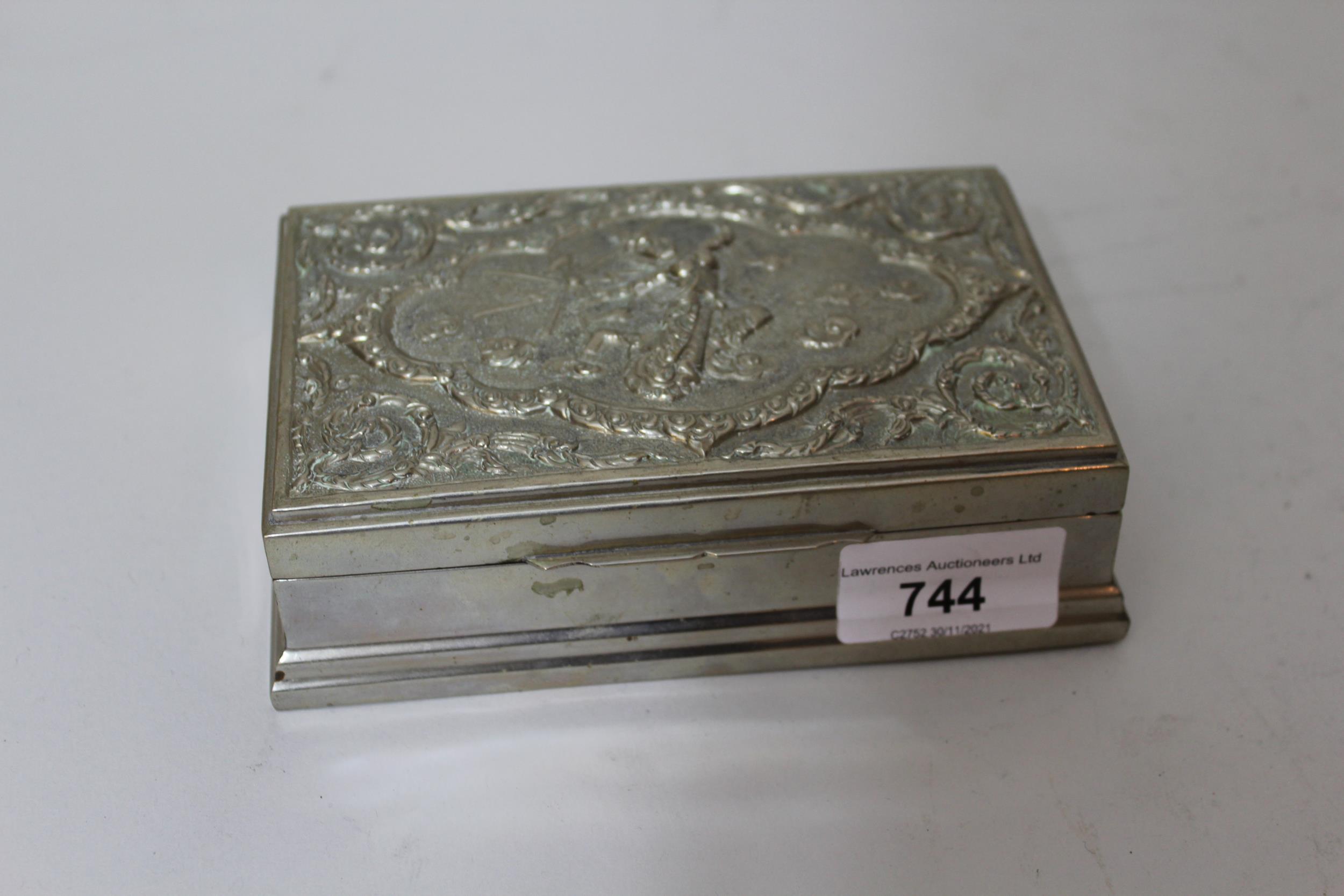 Oriental white metal (Sterling mark), cigarette box embossed hinged lid, decorated with a dancing