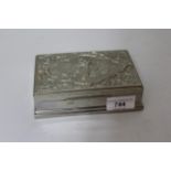 Oriental white metal (Sterling mark), cigarette box embossed hinged lid, decorated with a dancing