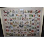 Framed set of silk cigarette cards, an empty gilt frame and nine various prints