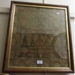 19th Century pictorial woolwork sampler, dated 1849, 18ins x 16ins, housed in a simulated walnut