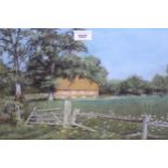 Peter Scarland, pastel landscape of a cottage and farm gate, signed, gilt framed, 11ins x 17ins