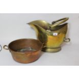 Brass helmet shaped coal scuttle together with a copper preserve pan