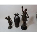 19th Century painted and patinated spelter figure of a classical maiden, 11ins high and another