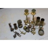 Box containing a quantity of various brassware, pair of silver plated candelabra, and various