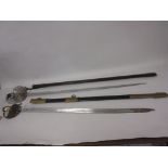 Two modern military and naval dress swords, (possibly Indian) Brass sword - 32inch scabbard,