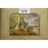 Set of three 19th Century gilt framed miniature watercolours on ivory, of a classical landscape,