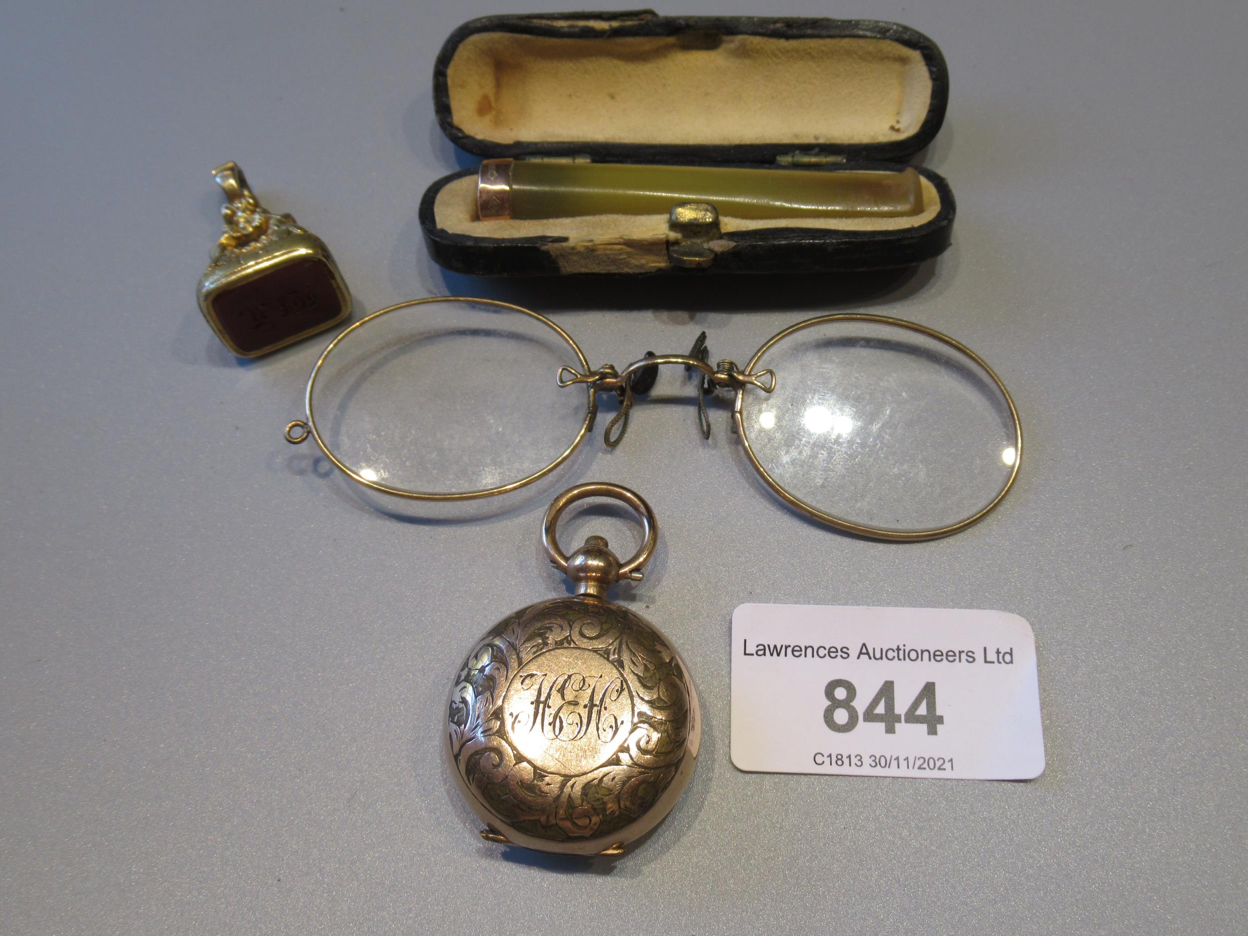 19th Century gilt metal fob seal, gold plated engraved sovereign case, pair of plated spectacles and