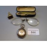 19th Century gilt metal fob seal, gold plated engraved sovereign case, pair of plated spectacles and