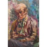 Stan Sobessek, impressionist style oil on canvas, portrait of a seated elderly gentleman reading a